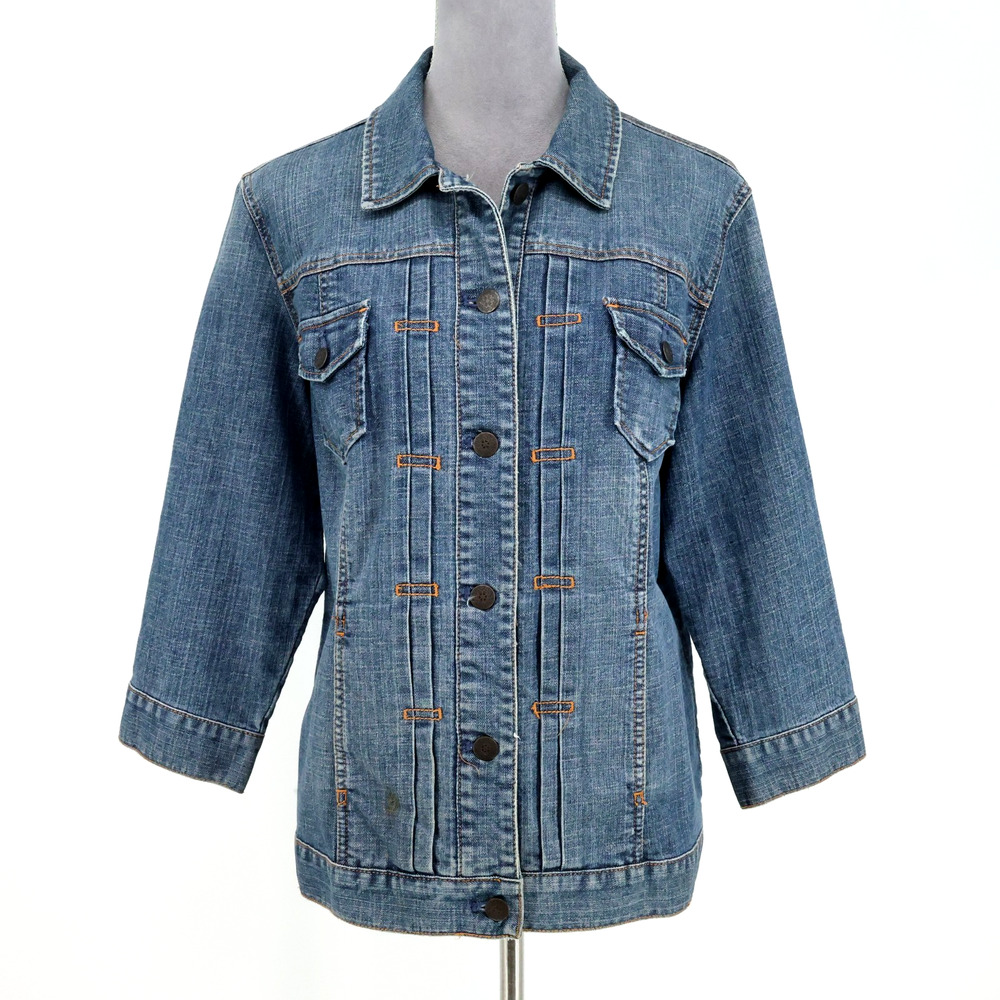 Chicos Platinum Jacket 2 Womens Large Blue Stretch Cotton Denim Pleated Pockets